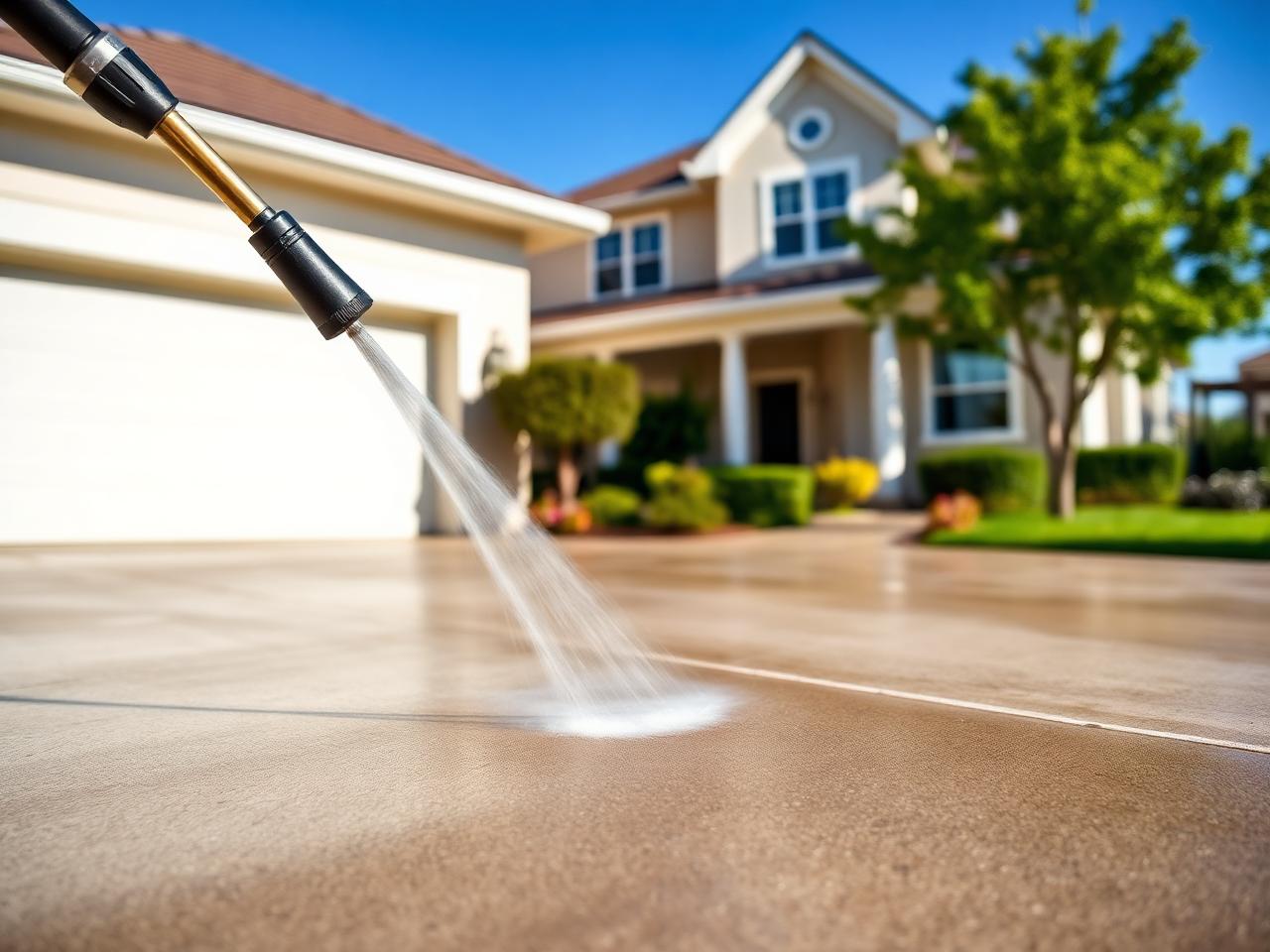 Water spray from a pressure washer cleaning a residential driveway in front of a suburban home